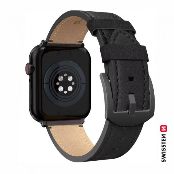 Swissten - Leather Band for Apple Watch 42-49mm (black/blk),swissten,leather,band,for,apple,watch,4249mm,(black/blk),pulseira,em,cabedal,vegan,para,o,apple,watch,com,fecho,em,cor,preto