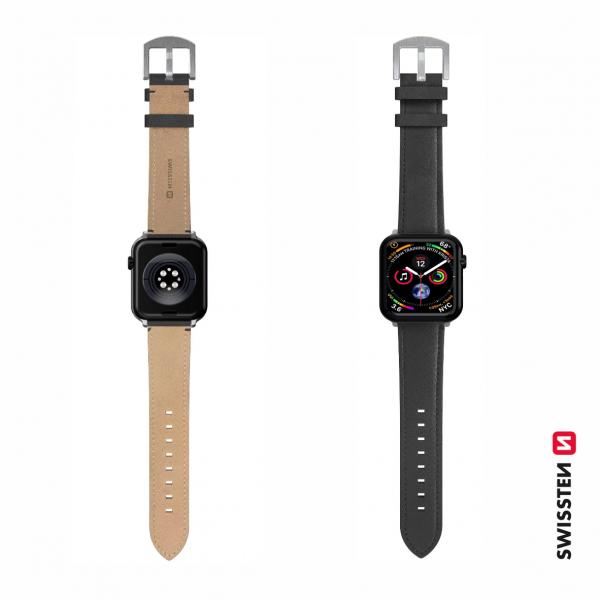 Swissten - Leather Band for Apple Watch 42-49mm (black/sv),swissten,leather,band,for,apple,watch,4249mm,(black/sv),pulseira,em,cabedal,vegan,para,o,apple,watch,com,fecho,em,cor,cinza