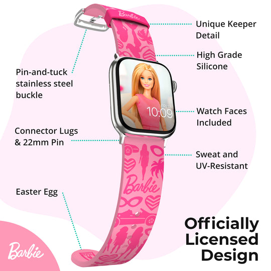 MobyFox - Apple Watch Band Mattel Barbie (pink classic)    ,mobyfox,apple,watch,band,mattel,barbie,(pink,classic),pulseira,em,silicone,para,o,apple,watch,a,fivela,e,aco,inoxidavel,inclui,2,conjuntos,de,conectores,compativeis,com,os,modelos,38/41/41,e,42/44/45m