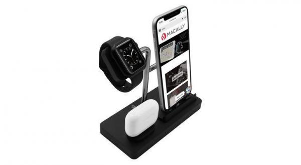 Macally - Stand 3in1 Apple Watch/iPhone/AirPods (black),macally,stand,3in1,apple,watch/iphone/airpods,(black)stand,para,carregamento,de,um,apple,watch,iphone,e,airpods,requer,o,uso,dos,cabos,de,carregamento,originais,que,ficam,escondidos,dentro,da,estrutur