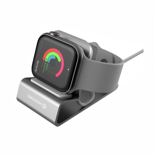 Swissten - Aluminum Stand for Apple Watch (silver),swissten,aluminum,stand,for,apple,watch,(silver)stand,em,aluminio,para,o,apple,watch,(serie,16),tem,orificio,circular,para,se,colocar,o,disco,de,carregamento,(nao,incluido),e,placas,de,silicone,na,bas