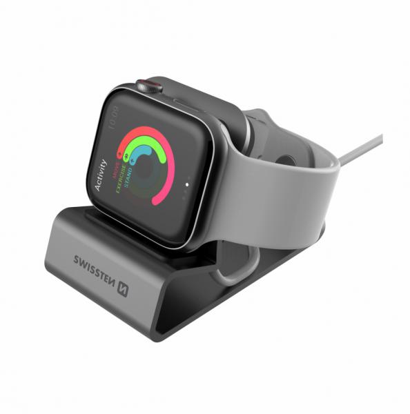 Swissten - Aluminum Stand for Apple Watch (space grey),swissten,aluminum,stand,for,apple,watch,(space,grey)stand,em,aluminio,para,o,apple,watch,(serie,16),tem,orificio,circular,para,se,colocar,o,disco,de,carregamento,(nao,incluido),e,placas,de,silicone,na