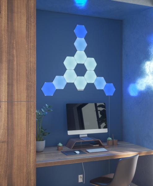 Nanoleaf - Shapes Hexagons Kit (starter+15 panels),nanoleaf,shapes,hexagons,kit,(starter+15,panels)paineis,de,luz,hexagonais,que,se,conectam,entre,si,ate,21,unidades,por,carregador,ac,(e,511,unids,no,total),controlaveis,por,wifi,têm,um,sensor,audio,p