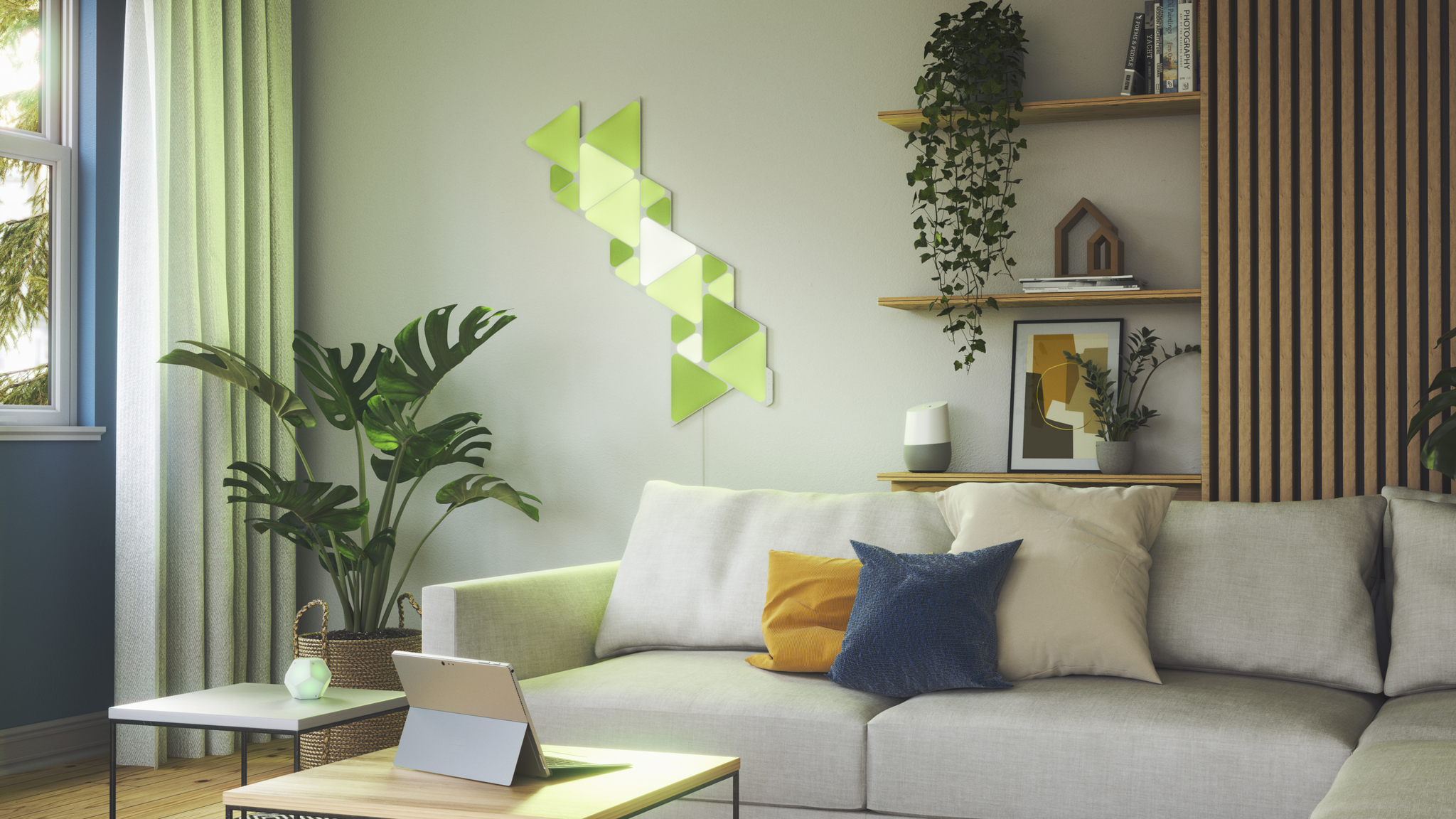 Nanoleaf - Shapes Triangles Kit  (starter+9 panels)  ,nanoleaf,shapes,triangles,kit,(starter+9,panels),paineis,de,luz,triangulares,que,se,conectam,entre,si,ate,28,unidades,por,carregador,ac,(e,511,unids,no,total),controlaveis,por,wifi,têm,um,sensor,audi