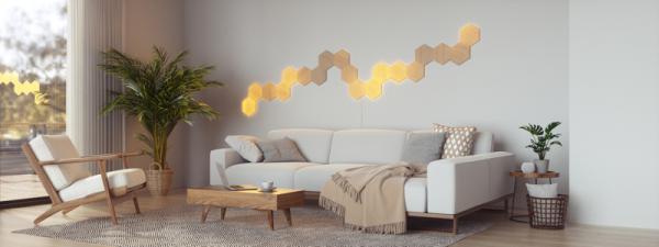 Nanoleaf - Elements Hexagons (starter+7 panels),nanoleaf,elements,hexagons,(starter+7,panels)paineis,de,luz,hexagonais,com,revestimento,em,madeira,que,se,conectam,entre,si,ate,21,unidades,por,carregador,ac,(e,81,unids,no,total),controlaveis,por,wif