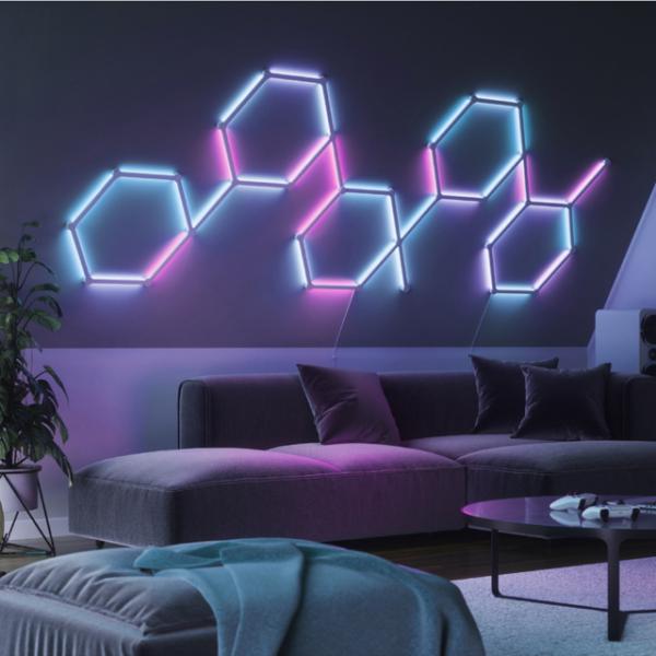 Nanoleaf - Lines Kit  (starter+9 panels),nanoleaf,lines,kit,(starter+9,panels)linhas,de,luz,com,81x2,cm,e,21,lumens/cada,que,se,ligam,entre,si,ate,18,unidades,por,carregador,ac,controlaveis,por,app,têm,um,sensor,audio,para,coordenar,as,luze