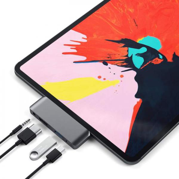 Satechi - USB-C Mobile Pro Hub (space grey),satechi,usbc,mobile,pro,hub,(space,grey)doca,para,ipad,pro,11/129,v2118,ou,outros,equipamentos,com,porta,usbc,pd,(21,ou,superior),como,surface,go,surface,book,2,ou,smartphones,liga,a,porta,usbc,do,tab