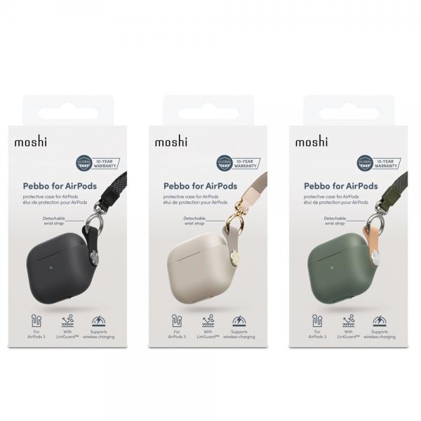 Moshi - Pebbo AirPods 3 (shadow black),moshi,pebbo,airpods,3,(shadow,black)bolsa,com,revestimento,lintguard,que,evita,a,aderência,de,po,e,sujidade,permite,o,carregamento,wireless,e,visionamento,da,luz,led,inclui,fita,para,pulso