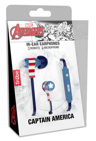 Tribe - Earphones Swing Marvel (captain america),tribe,earphones,swing,marvel,(captain,america)earphones,com,microfone,e,botao,de,regulacao,de,volume,o,cabo,e,de,perfil,plano,flat