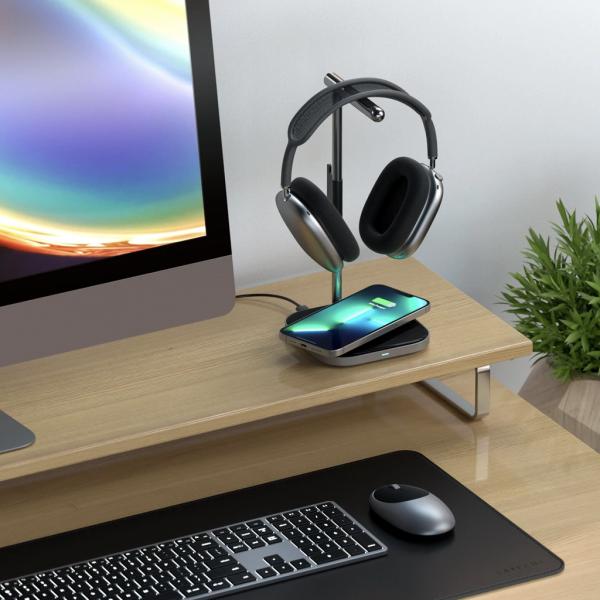 Satechi - 2-in-1 Headphones Stand with Wireless Charger,satechi,2in1,headphones,stand,with,wireless,chargersuporte,para,pousar,headphones,tem,tambem,uma,base,de,carregamento,qi,para,iphone,(75w),ou,airpods,(5w),e,uma,porta,usbc,para,carregar,os,headphones,