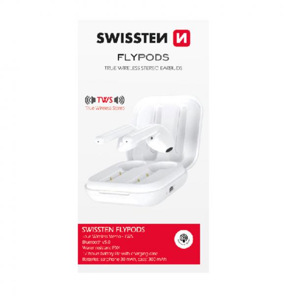 Swissten - Flypods (white)       ,swissten,flypods,(white),earpods,com,conectividade,bluetooth,v51,autonomia,para,12,hrs,de,funcionamento,pesam,apenas,36,g,têm,resistência,a,agua,ipx4,tws,true,wireless,stereo,alcance,11,metros,bater