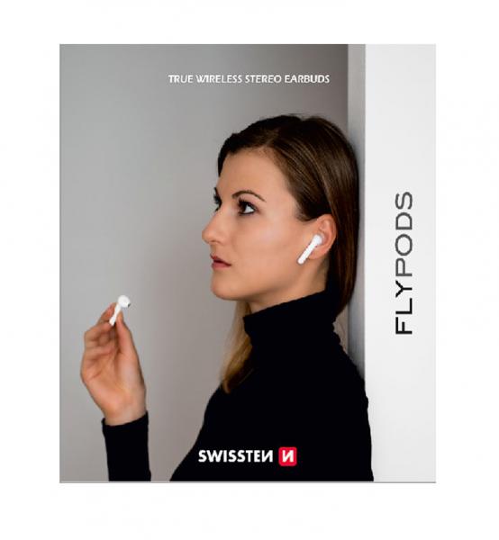 Swissten - Flypods (white)       ,swissten,flypods,(white),earpods,com,conectividade,bluetooth,v51,autonomia,para,12,hrs,de,funcionamento,pesam,apenas,36,g,têm,resistência,a,agua,ipx4,tws,true,wireless,stereo,alcance,11,metros,bater