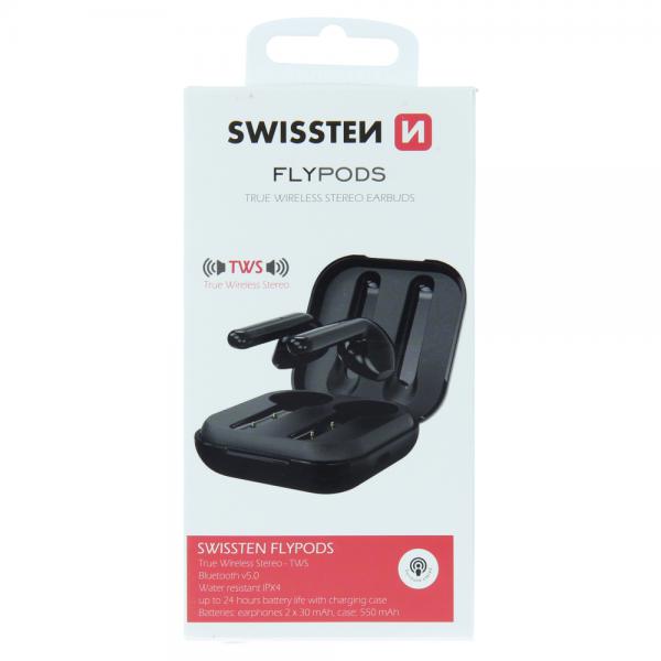 Swissten - Flypods (black)       ,swissten,flypods,(black),earpods,com,conectividade,bluetooth,v51,autonomia,para,12,hrs,de,funcionamento,pesam,apenas,36,g,têm,resistência,a,agua,ipx4,tws,true,wireless,stereo,alcance,11,metros,bater