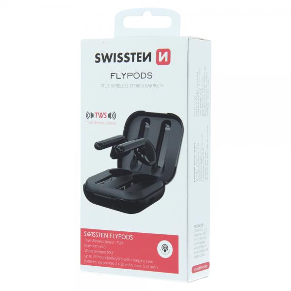 Swissten - Flypods (black)       ,swissten,flypods,(black),earpods,com,conectividade,bluetooth,v51,autonomia,para,12,hrs,de,funcionamento,pesam,apenas,36,g,têm,resistência,a,agua,ipx4,tws,true,wireless,stereo,alcance,11,metros,bater