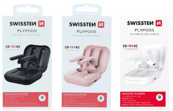 Swissten - Flypods (pink),swissten,flypods,(pink)earpods,com,conectividade,bluetooth,v51,autonomia,para,12,hrs,de,funcionamento,pesam,apenas,36,g,têm,resistência,a,agua,ipx4,tws,true,wireless,stereo,alcance,11,metros,bateria