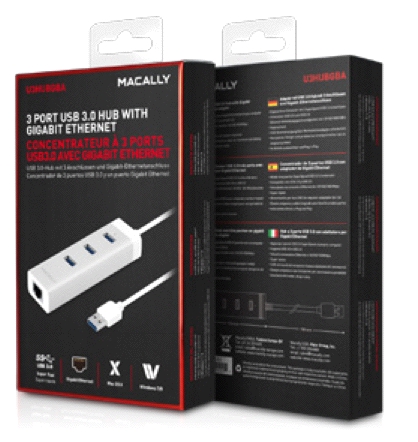 Macally - U3HubGBA (3x USB3 + Gigabit Ethernet),macally,u3hubgba,(3x,usb3,+,gigabit,ethernet)hub,usb3,com,3,portas,usb3,e,uma,porta,gigabit,ethernet,com,ficha,rj45,É,alimentado,pela,porta,usb,tem,luz,led,indicadora,de,corrente,É,tambem,compativel