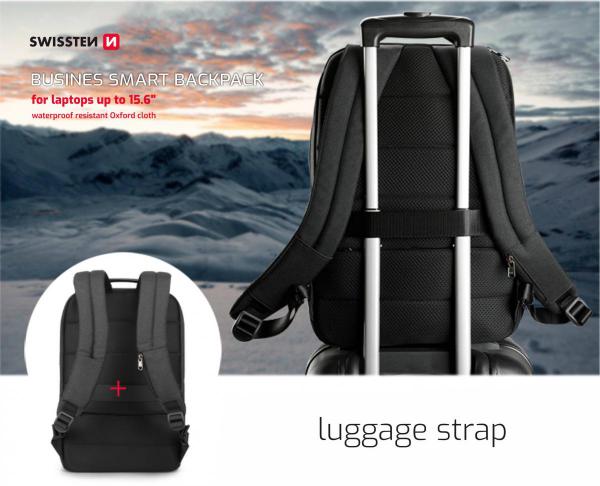 Swissten - Laptop Backpack 15.6 (black),swissten,laptop,backpack,156,(black)mochila,para,portateis,ate,156,tem,8,compartimentos/bolsos,diferentes,fita,trolley,bolso,para,cartao,orificio,para,fios,headphones,bolso,garrafa,fita,oculos,ficha,u