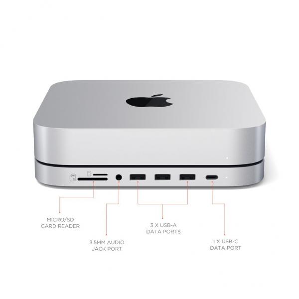 Satechi - Stand & Hub for Mac Mini with SSD Enclosure (sv),satechi,stand,&,hub,for,mac,mini,with,ssd,enclosure,(sv)stand,que,liga,por,porta,usbc,a,um,mac,mini,e,que,e,tambem,um,hub,proporciona,na,parte,frontal,1x,porta,usbc,3x,usb,1x,cartao,micro/sd,1x,35mm,m