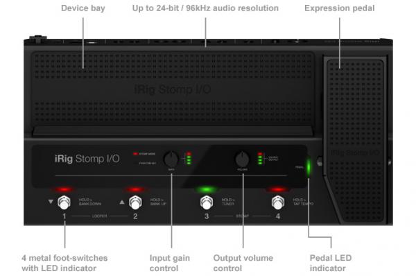 IK Multimedia - Pedaleira iRig Stomp I/O      ,ik,multimedia,pedaleira,irig,stomp,i/o,pedal,com,4,botoes,metalicos,cada,um,com,luzes,led,indicadoras,de,funcionamento,ligado,a,um,ipad,iphone,ou,mac/pc,permite,introduzir,efeitos,de,som,atraves,da,ap