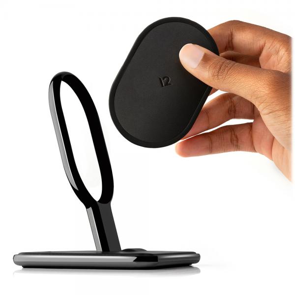 twelve south - HiRise Wireless (black),twelve,south,hirise,wireless,(black)carregador,qi,ate,11w,em,metal,cromado,com,aplicacoes,em,pele,carrega,de,maneira,wireless,e,na,vertical,o,telefone,o,disco,de,carregamento,pode,ser,retirado,e,usado