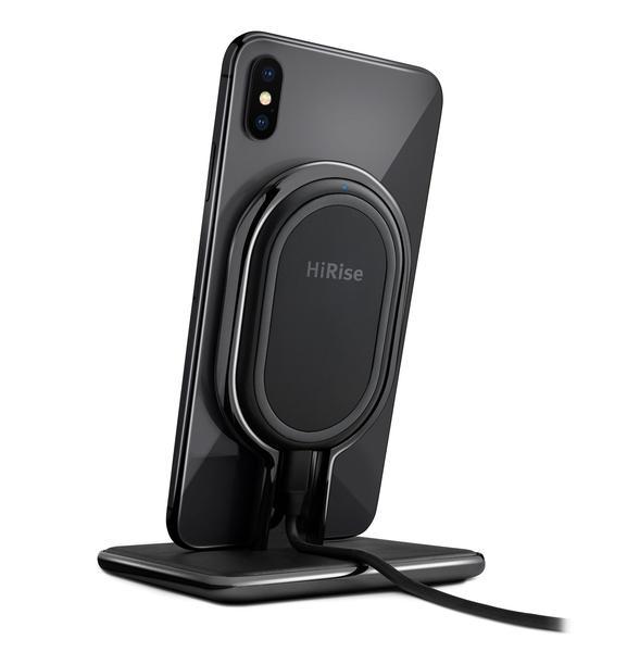 twelve south - HiRise Wireless (black),twelve,south,hirise,wireless,(black)carregador,qi,ate,11w,em,metal,cromado,com,aplicacoes,em,pele,carrega,de,maneira,wireless,e,na,vertical,o,telefone,o,disco,de,carregamento,pode,ser,retirado,e,usado