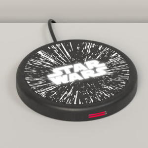 Tribe - Wireless Charger Shine Star Wars (logo),tribe,wireless,charger,shine,star,wars,(logo)carregador,wireless,qi,com,5w,de,potência,forma,circular,ø75mm,e,11,mm,espessura,quando,ligado,a,corrente,o,padrao,iluminase,proporcionando,um,efeito,mui