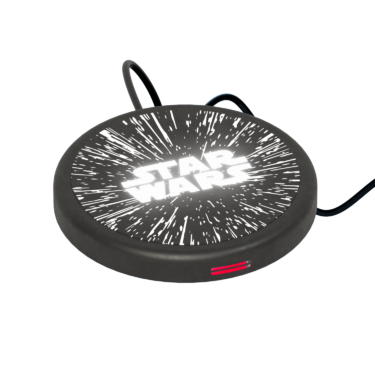 Tribe - Wireless Charger Shine Star Wars (logo),tribe,wireless,charger,shine,star,wars,(logo)carregador,wireless,qi,com,5w,de,potência,forma,circular,ø75mm,e,11,mm,espessura,quando,ligado,a,corrente,o,padrao,iluminase,proporcionando,um,efeito,mui