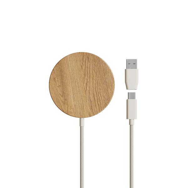 Woodcessories - MagPad Wooden MagSafe Qi charger (oak),woodcessories,magpad,wooden,magsafe,qi,charger,(oak)cabo,usbc,com,um,disco,em,madeira,que,adere,magneticamente,ao,telemovel,carrega,de,maneira,wireless,qi,75w,um,iphone,ou,ate,11w,um,telemovel,android