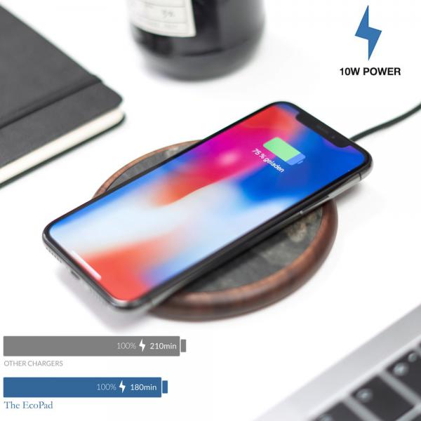 Woodcessories - EcoPad Stone Qi Charger,woodcessories,ecopad,stone,qi,chargerbase,carregadora,por,tecnologia,wireless,qi,com,acabamento,em,madeira,e,pedra,suporta,fast,charging,a,11w,tem,11cm,de,diametro,cabo,de,15m,revestimento,de,cortica,