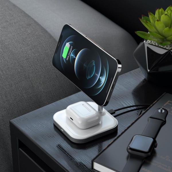 Satechi - 2-in-1 Magnetic Wireless Charging Stand,satechi,2in1,magnetic,wireless,charging,standstand,para,carregamento,wireless,qi,em,simultaneo,de,apple,airpods,(5w),e,de,um,iphone,12,(75w),usa,a,capacidade,magsafe,do,iphone,que,adere,magneticamente