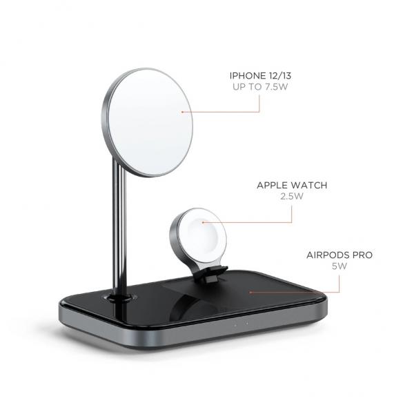 Satechi - 3-in-1 Magnetic Wireless Charging Stand,satechi,3in1,magnetic,wireless,charging,standstand,3in1,para,carregamento,do,iphone,13/12,(aderência,magnetica,magsafe,a,75w),apple,watch,(25w),e,airpods,2/pro,(5w),inclui,cabo,usbc,requer,um,carrega