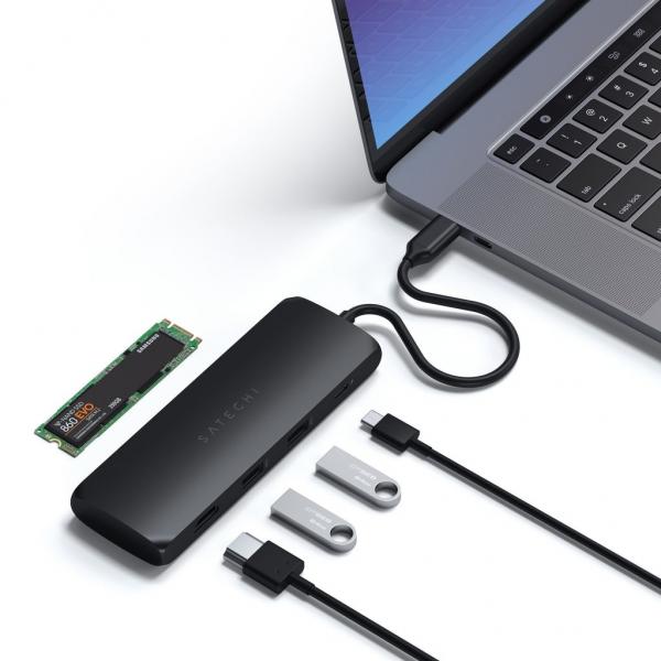 Satechi - USB-C Hybrid w/ SSD Enclosure adapter (black),satechi,usbc,hybrid,w/,ssd,enclosure,adapter,(black),adaptador,com,ligacao,usbc,que,permite,colocar,no,seu,interior,um,disco,ssd,m2,sata,servindo,como,disco,externo,tem,ainda,portas,para,ligar,acessor