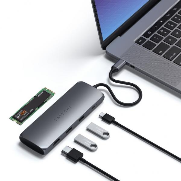 Satechi - USB-C Hybrid w/ SSD Enclosure adapter (space grey),satechi,usbc,hybrid,w/,ssd,enclosure,adapter,(space,grey),adaptador,com,ligacao,usbc,que,permite,colocar,no,seu,interior,um,disco,ssd,m2,sata,servindo,como,disco,externo,tem,ainda,portas,para,ligar,ac