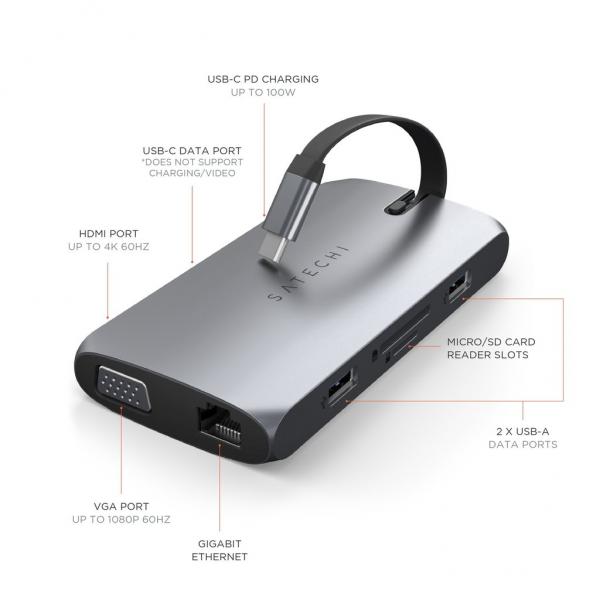 Satechi - USB-C On-the-Go Multiport Adapter (space grey),satechi,usbc,onthego,multiport,adapter,(space,grey),hub,usbc,portatil,vem,com,2,cabos,de,ligacao,usbc,de,diferentes,comprimentos,que,se,podem,trocar,conforme,mais,conveniente,tem,8,portas:,1x,usbc,pd,