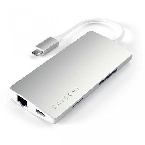 Satechi - USB-C Multiport v2 adapter (silver),satechi,usbc,multiport,v2,adapter,(silver),hub,que,liga,por,usbc,a,um,mac/pc,tem,3,portas,usb,31,1,slot,para,cartoes,sd,e,outro,para,micro,sd,(nao,se,pode,usar,ambos,os,cartoes,em,simultaneo),1,porta,