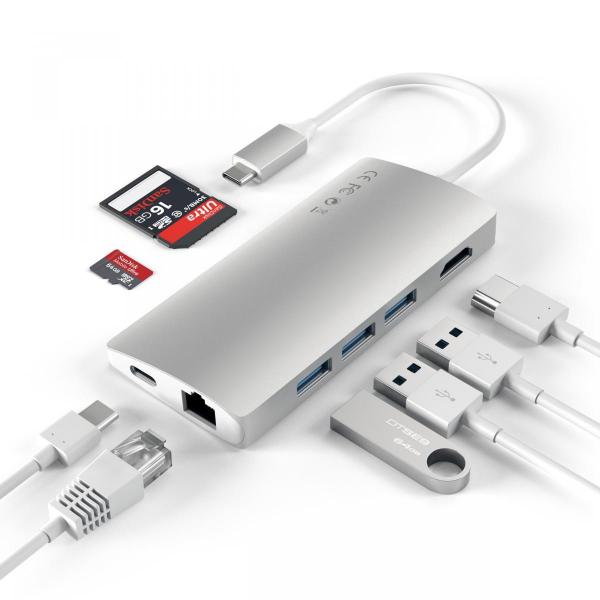 Satechi - USB-C Multiport v2 adapter (silver),satechi,usbc,multiport,v2,adapter,(silver),hub,que,liga,por,usbc,a,um,mac/pc,tem,3,portas,usb,31,1,slot,para,cartoes,sd,e,outro,para,micro,sd,(nao,se,pode,usar,ambos,os,cartoes,em,simultaneo),1,porta,