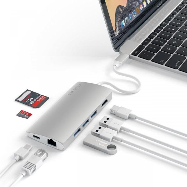 Satechi - USB-C Multiport v2 adapter (silver),satechi,usbc,multiport,v2,adapter,(silver),hub,que,liga,por,usbc,a,um,mac/pc,tem,3,portas,usb,31,1,slot,para,cartoes,sd,e,outro,para,micro,sd,(nao,se,pode,usar,ambos,os,cartoes,em,simultaneo),1,porta,