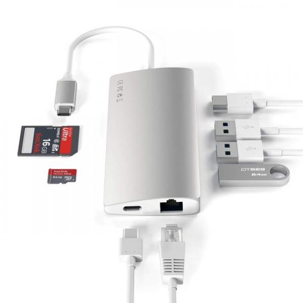 Satechi - USB-C Multiport v2 adapter (silver),satechi,usbc,multiport,v2,adapter,(silver),hub,que,liga,por,usbc,a,um,mac/pc,tem,3,portas,usb,31,1,slot,para,cartoes,sd,e,outro,para,micro,sd,(nao,se,pode,usar,ambos,os,cartoes,em,simultaneo),1,porta,