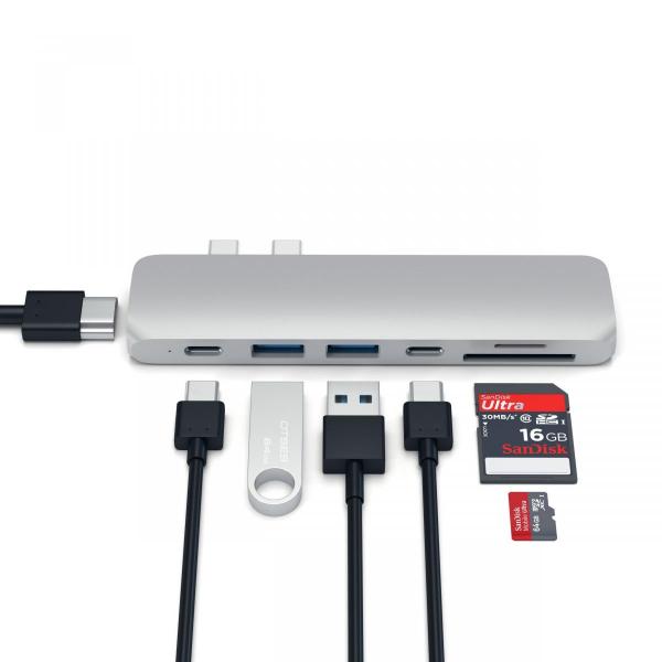 Satechi - USB-C Pro Hub with 4K HDMI (silver),satechi,usbc,pro,hub,with,4k,hdmi,(silver),hub,que,encaixa,directamente,nas,portas,usbc,de,um,macbook,tem,2,portas,usb,31,1,slot,para,cartoes,sd,e,outro,para,micro,sd,(nao,se,pode,usar,ambos,os,cartoe