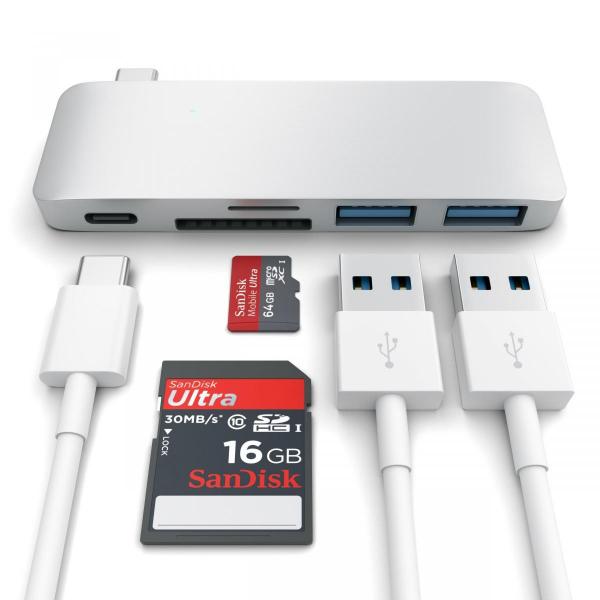 Satechi - USB-C Pass-Through Hub (silver),satechi,usbc,passthrough,hub,(silver),hub,que,encaixa,directamente,na,porta,usbc,de,um,mac/pc,tem,2,portas,usb,31,1,slot,para,cartoes,sd,e,outro,para,micro,sd,(nao,se,pode,usar,ambos,os,cartoes,em,sim