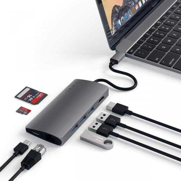 Satechi - USB-C Multiport v2 adapter (space g),satechi,usbc,multiport,v2,adapter,(space,g),hub,que,liga,por,usbc,a,um,mac/pc,tem,3,portas,usb,31,1,slot,para,cartoes,sd,e,outro,para,micro,sd,(nao,se,pode,usar,ambos,os,cartoes,em,simultaneo),1,porta