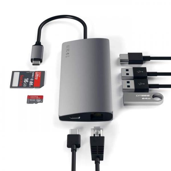 Satechi - USB-C Multiport v2 adapter (space g),satechi,usbc,multiport,v2,adapter,(space,g),hub,que,liga,por,usbc,a,um,mac/pc,tem,3,portas,usb,31,1,slot,para,cartoes,sd,e,outro,para,micro,sd,(nao,se,pode,usar,ambos,os,cartoes,em,simultaneo),1,porta