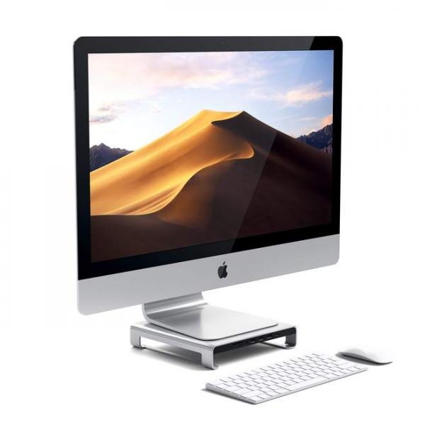 Satechi - Alum. Monitor Stand & Hub for iMac (silver),satechi,alum,monitor,stand,&,hub,for,imac,(silver),stand,em,aluminio,com,hub,integrado,liga,a,porta,usbc,de,um,imac,e,tem,as,seguintes,saidas,que,ficam,posicionadas,convenientemente,na,parte,frontal:,