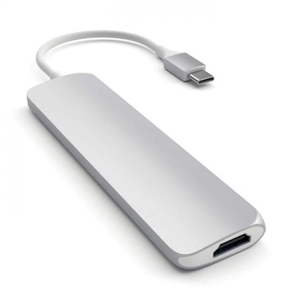 Satechi - USB-C Multiport Slim Adapter (silver),satechi,usbc,multiport,slim,adapter,(silver),adaptador,usbc,em,aluminio,com,1x,porta,usbc,que,permite,carregamento,61w,1x,hdmi,4k,e,2x,usb