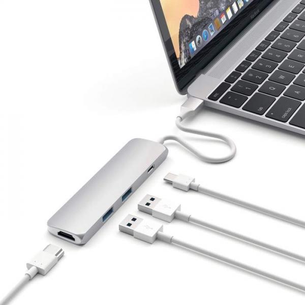 Satechi - USB-C Multiport Slim Adapter (silver),satechi,usbc,multiport,slim,adapter,(silver),adaptador,usbc,em,aluminio,com,1x,porta,usbc,que,permite,carregamento,61w,1x,hdmi,4k,e,2x,usb