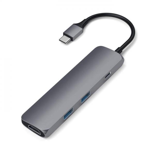 Satechi - USB-C Multiport Slim Adapter (space grey),satechi,usbc,multiport,slim,adapter,(space,grey),adaptador,usbc,em,aluminio,com,1x,porta,usbc,que,permite,carregamento,61w,1x,hdmi,4k,e,2x,usb