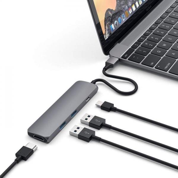 Satechi - USB-C Multiport Slim Adapter (space grey),satechi,usbc,multiport,slim,adapter,(space,grey),adaptador,usbc,em,aluminio,com,1x,porta,usbc,que,permite,carregamento,61w,1x,hdmi,4k,e,2x,usb