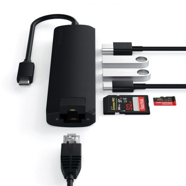 Satechi - USB-C Slim Multiport w/ Ethernet adpt (black),satechi,usbc,slim,multiport,w/,ethernet,adpt,(black),adaptador,usbc,com,7,portas:,1x,gigabit,ethernet,1x,hdmi,(4k,31hz),1x,usbc,pd,charging,2x,usb3,e,1x,micro/sd,card