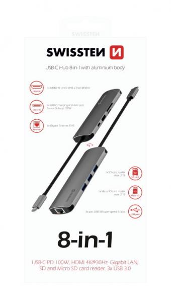 Swissten - USB-C Hub 8in1,swissten,usbc,hub,8in1,hub,em,aluminio,que,liga,por,porta,usbc,e,tem,8,portas:,usbc,pd,(nao,passa,dados),hdmi,4k,gigabit,ethernet,3x,usb3,1x,sd/micro,sd