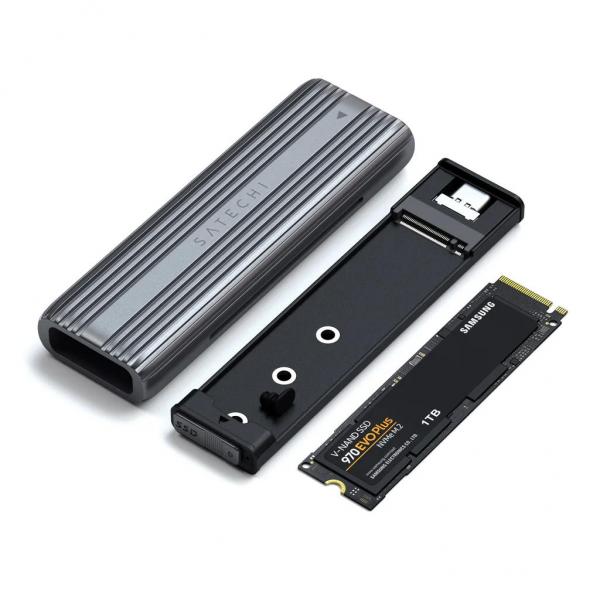 Satechi - USB-C NVME and SATA SSD Enclosure,satechi,usbc,nvme,and,sata,ssd,enclosure,caixa,com,ligacao,usbc,permite,a,instacao,de,um,disco,ssd,m2,nmve,ou,m2,sata,(nao,incluido),para,expansao,de,espaco,em,disco,backup,etc,nao,requer,drivers,incl